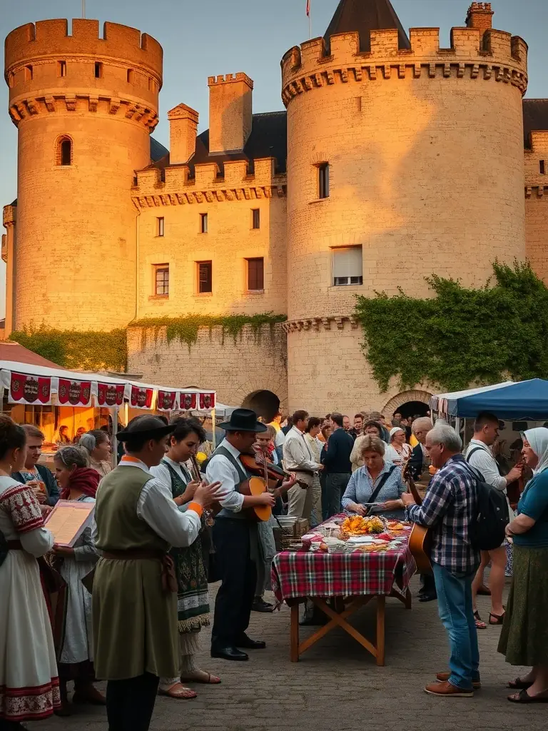 A stunning photograph of a cultural festival held at Château de Davignac, featuring local artisans, musicians, and performers.
