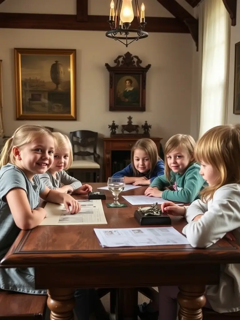 A picturesque image of a group of children participating in an educational workshop at Château de Davignac, learning about local history and heritage.