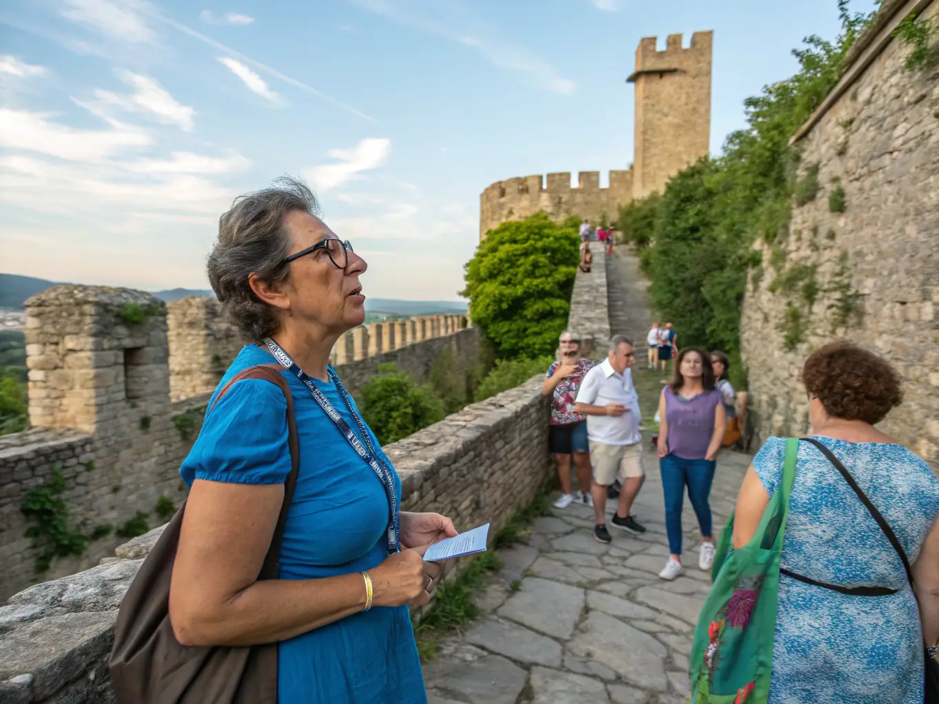 A vibrant image depicting a guided tour group exploring the Château de Davignac, with a knowledgeable guide sharing historical insights.