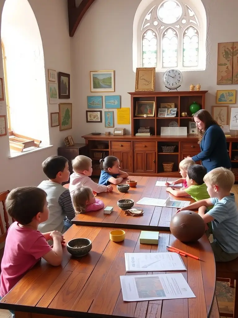 A photo showcasing children participating in an educational workshop at the Château, learning about local history through interactive activities.