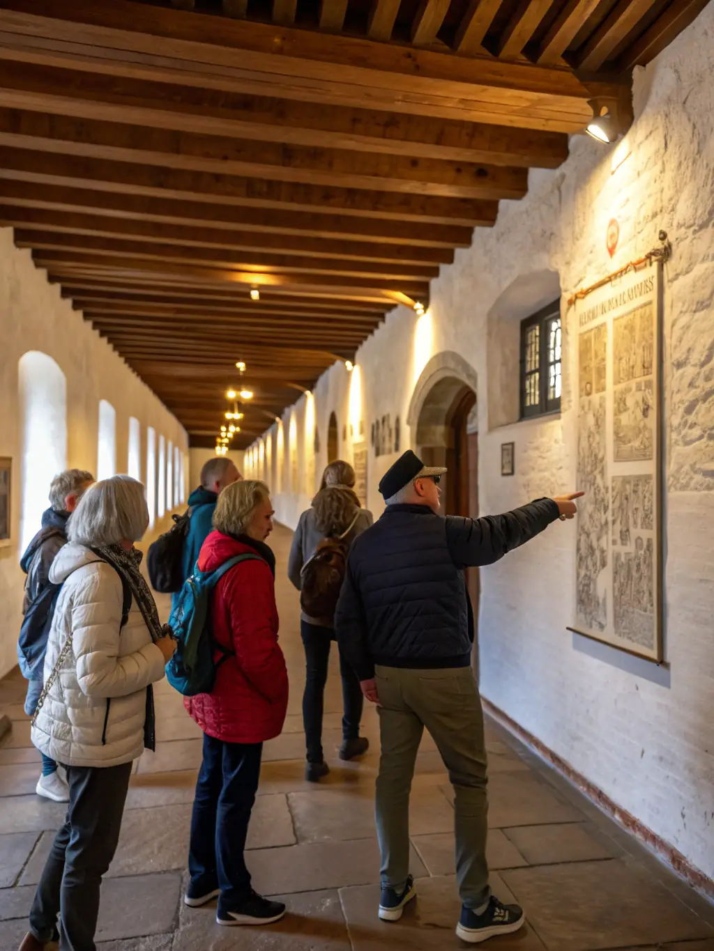 A photograph capturing a guided tour inside the Château de Davignac, with a knowledgeable guide explaining the history to a group of attentive visitors.