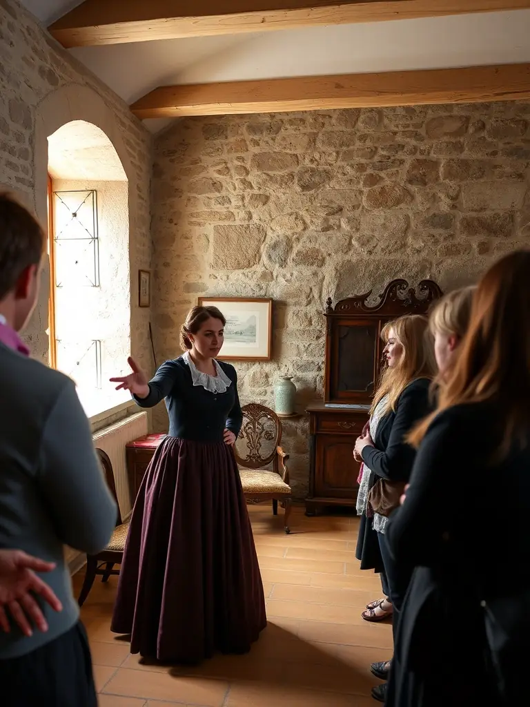 A photograph of a guided tour group exploring the interior of the Château de Davignac, led by a knowledgeable guide.