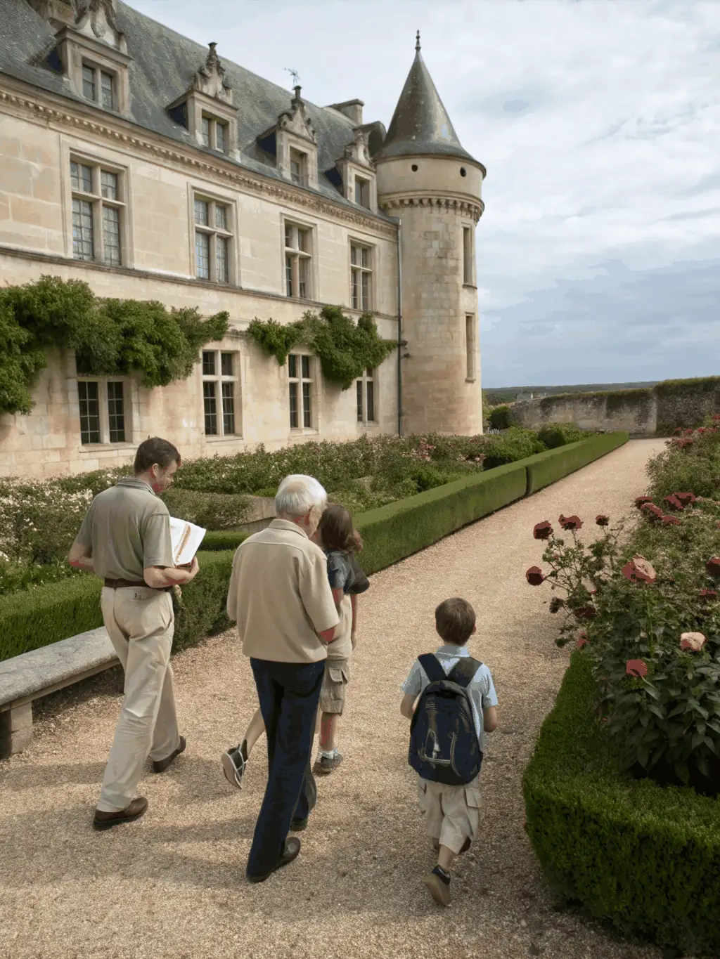 A captivating photo of a guided tour group exploring the Château de Davignac, led by a knowledgeable guide who is pointing out architectural details.