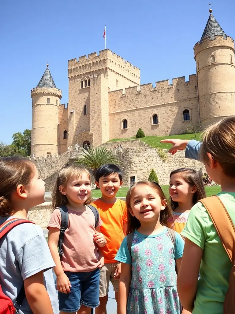 A photograph of a group of children participating in a historical reenactment event at the Château de Davignac, dressed in period costumes.