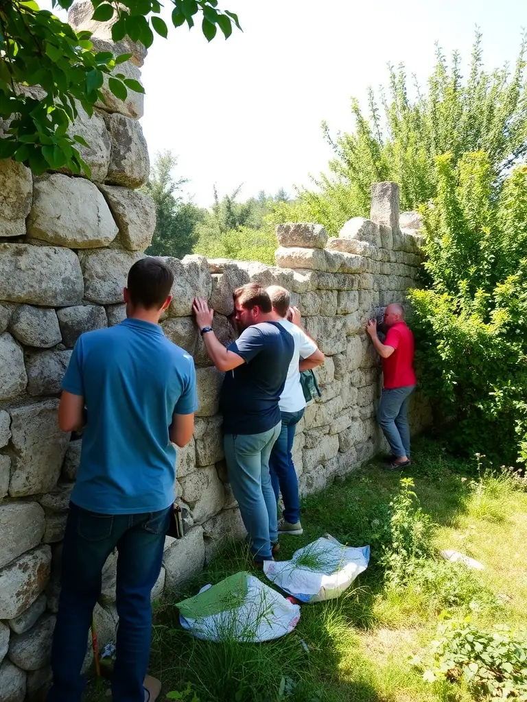 A photograph of volunteers working on the restoration of a section of the Château de Davignac's wall, showcasing the hands-on preservation efforts.